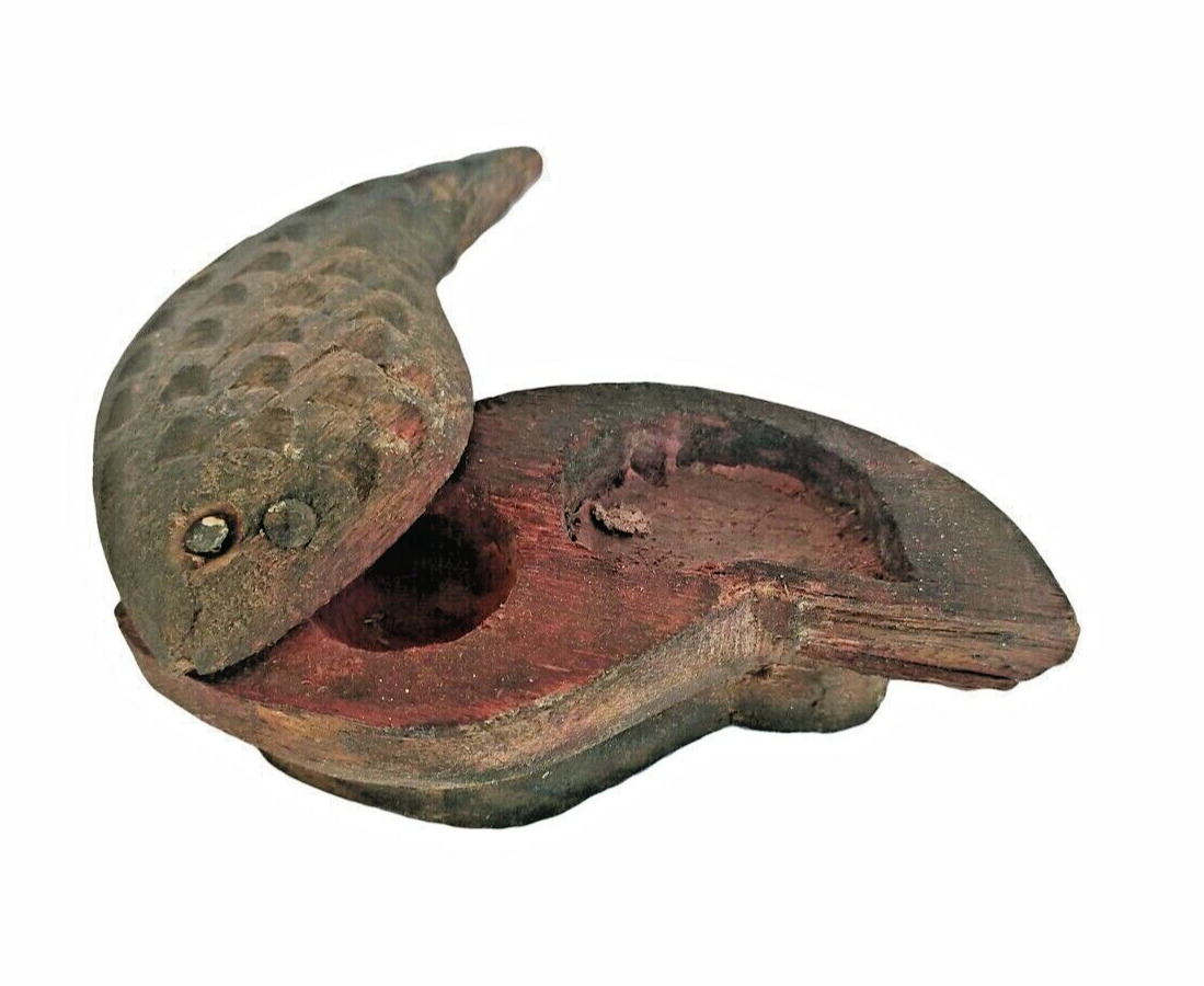 Old Vintage Handcrafted Fish Shape Wooden Tikka Kumkum  Box Collectible India