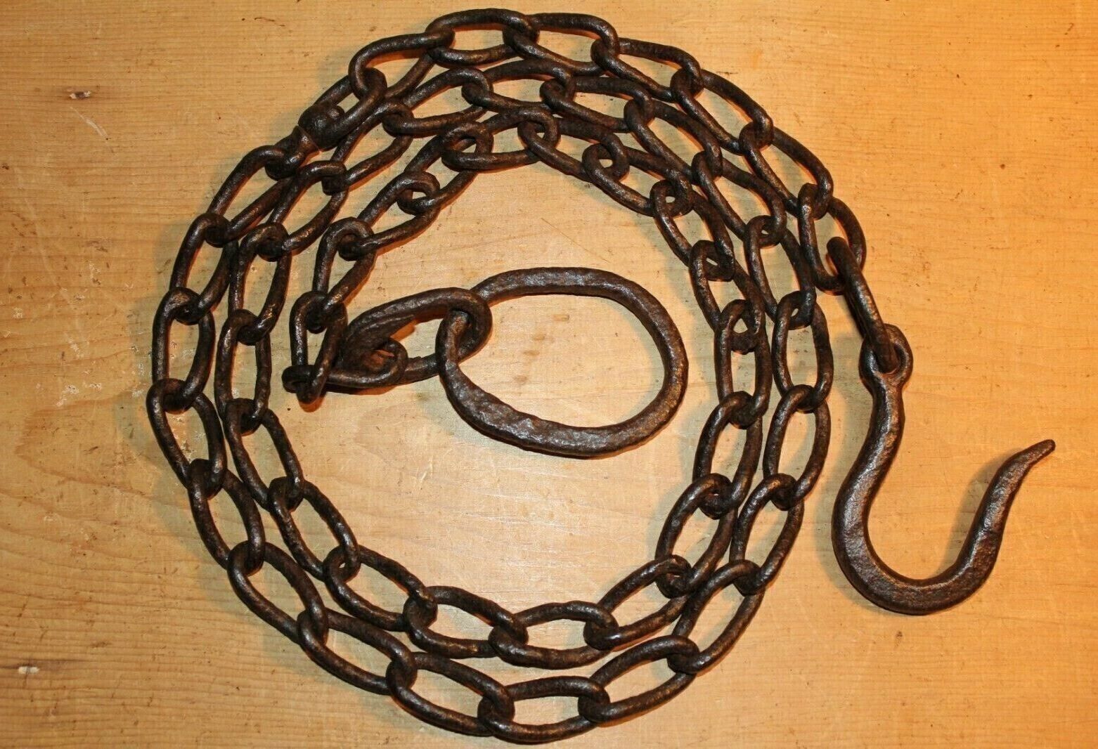Antique Vintage Wrought Iron Hook on Length of Chain Beam Iron Ring 60\
