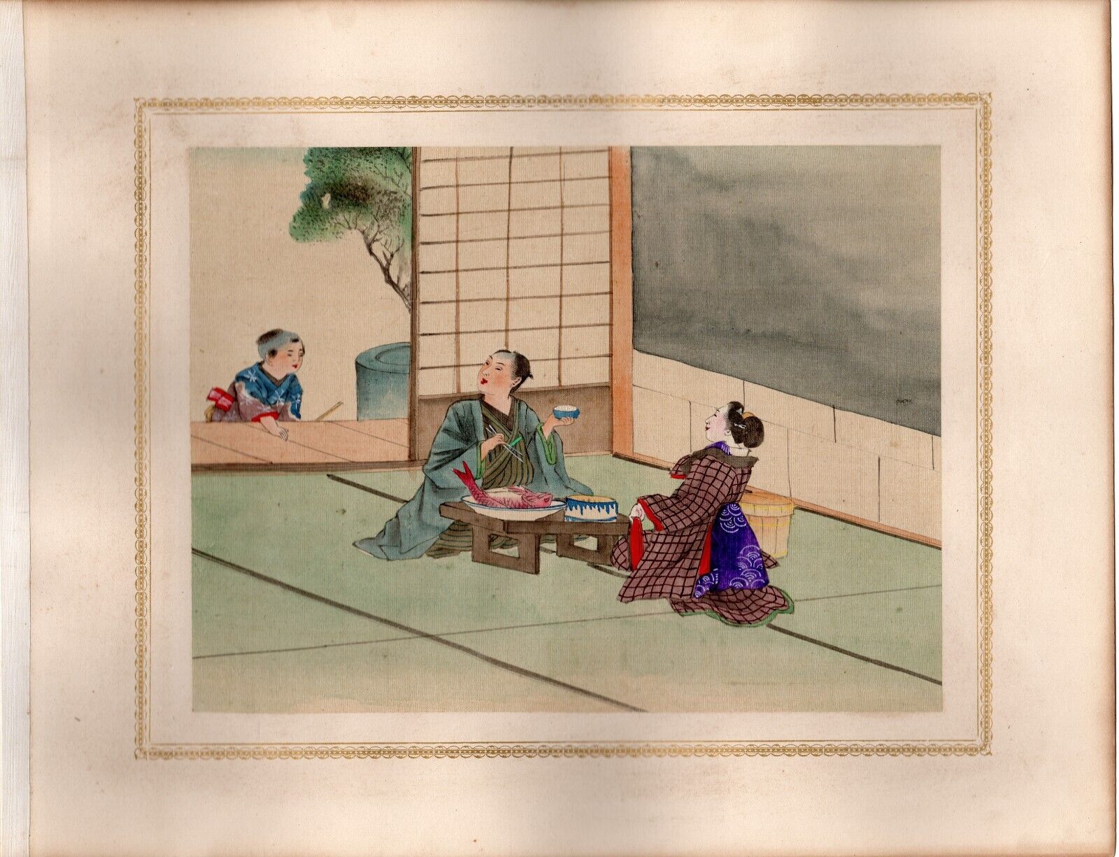 c. 1900's Antique Japanese silk watercolor - Fish dinner family scene