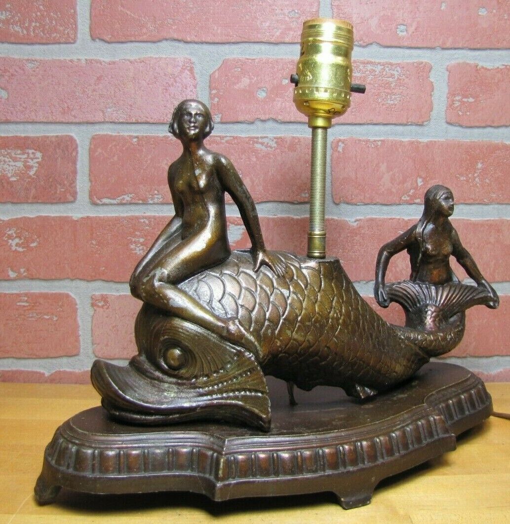 NUDE BEAUTY MERMAID DAUPHIN KOI DEVIL FISH Antique Figural Lamp Light