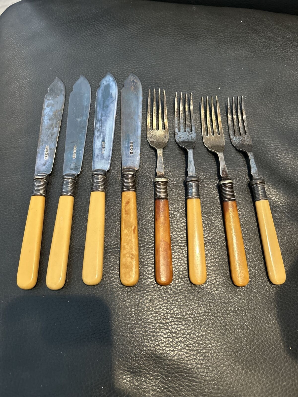 ART DECO English EPNS Silver Plate Fish Knife Fork Set Ivory Bakelite Handle #3