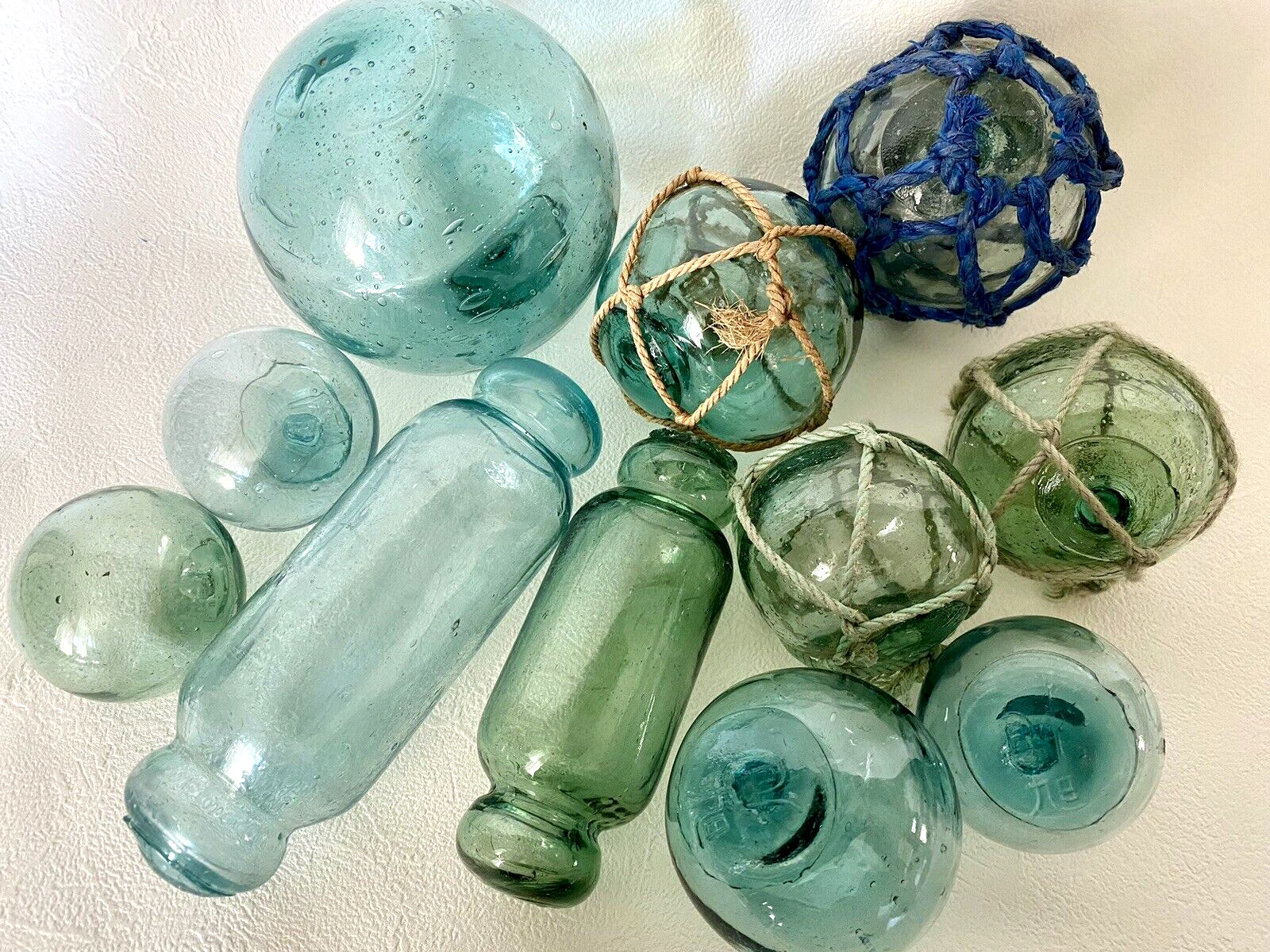 11 Antique Japanese Glass Fishing Floats, Vibrant Colors, Rare Marks