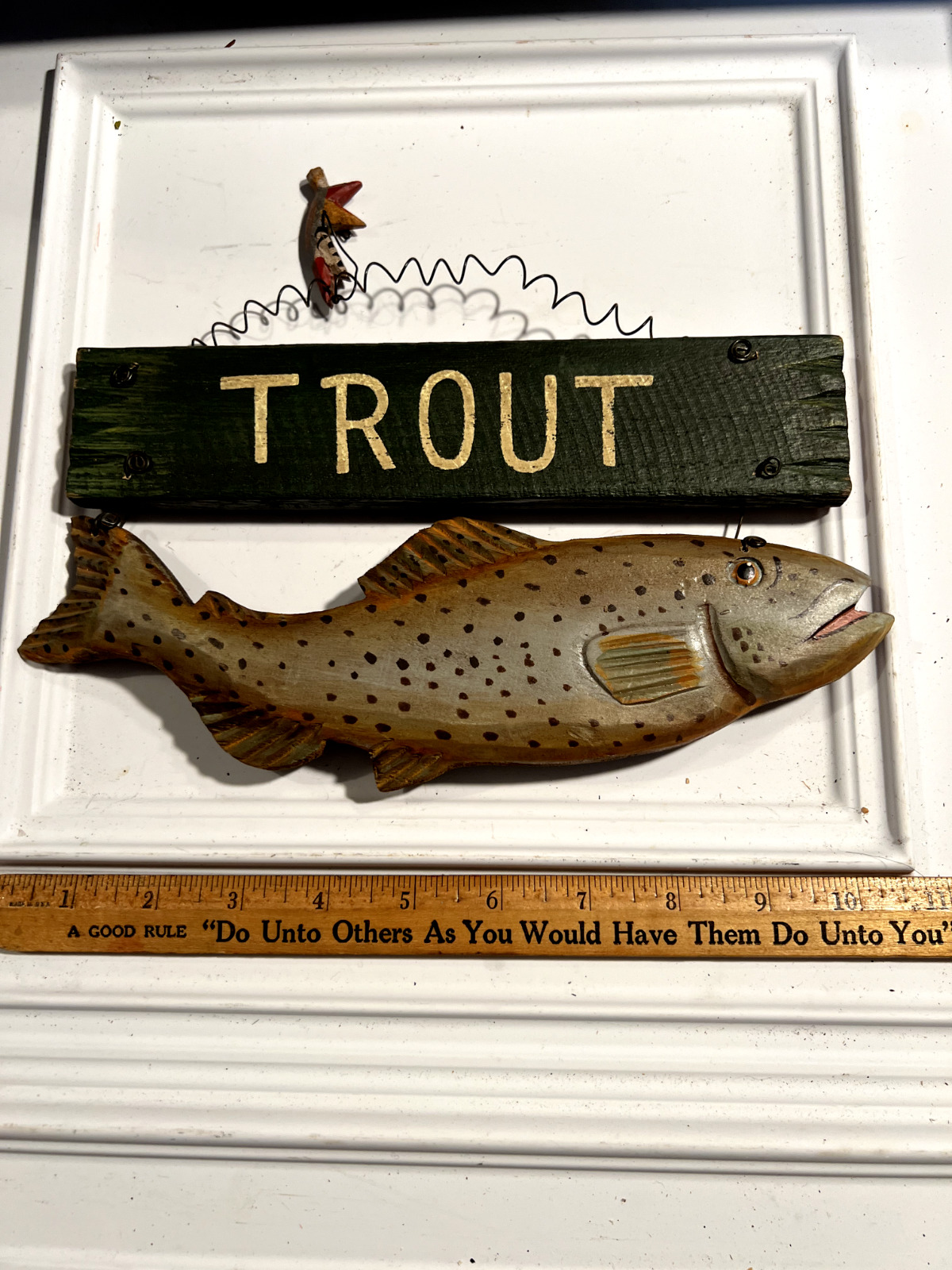 Vintage Look Carved And Painted Folk Art Trout Sign Fishing Fisherman Bait Fish