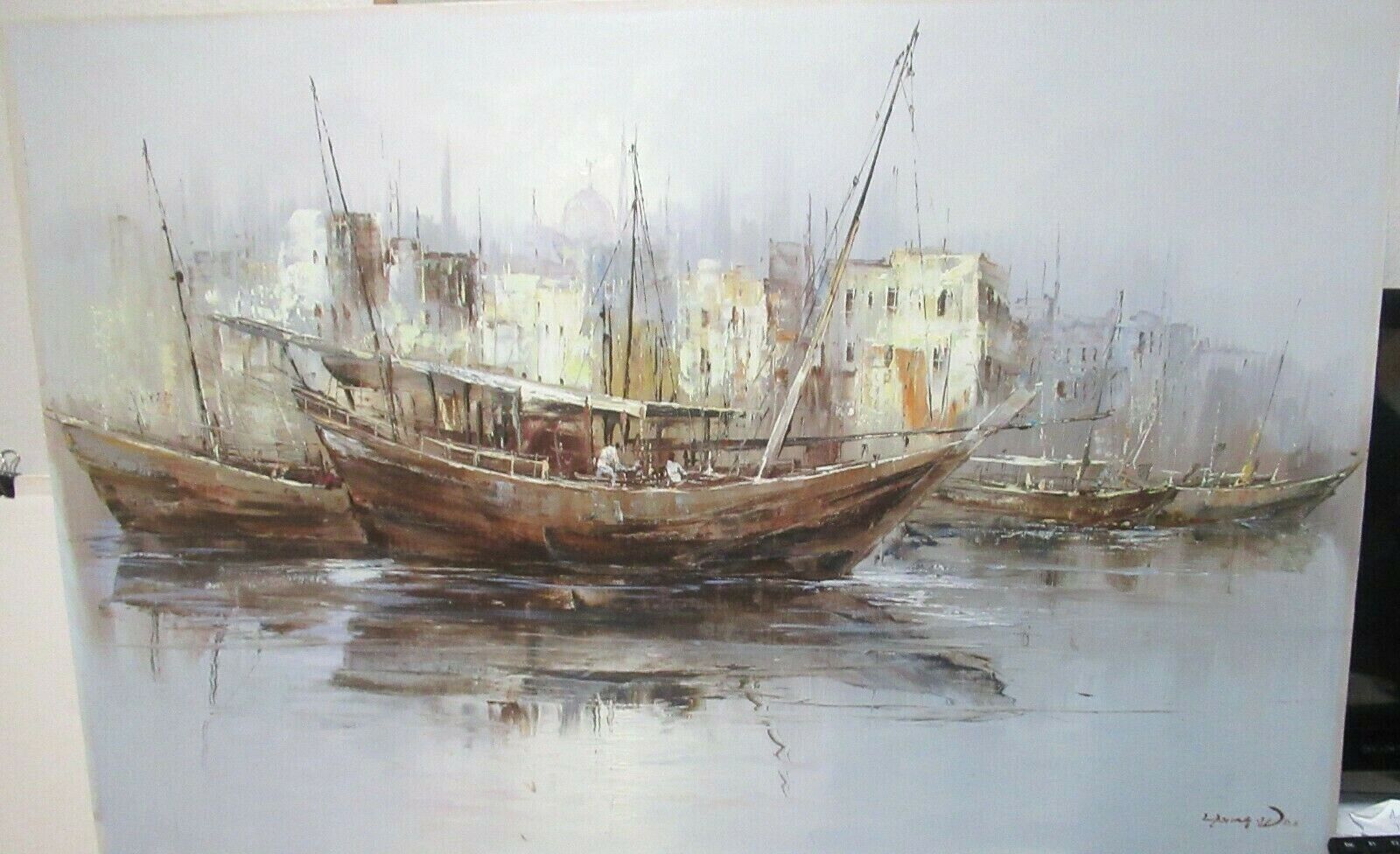 YOUNG WOO CHINESE FISHING PORT SCENE LARGE ORIGINAL OIL ON CANVAS PAINTING