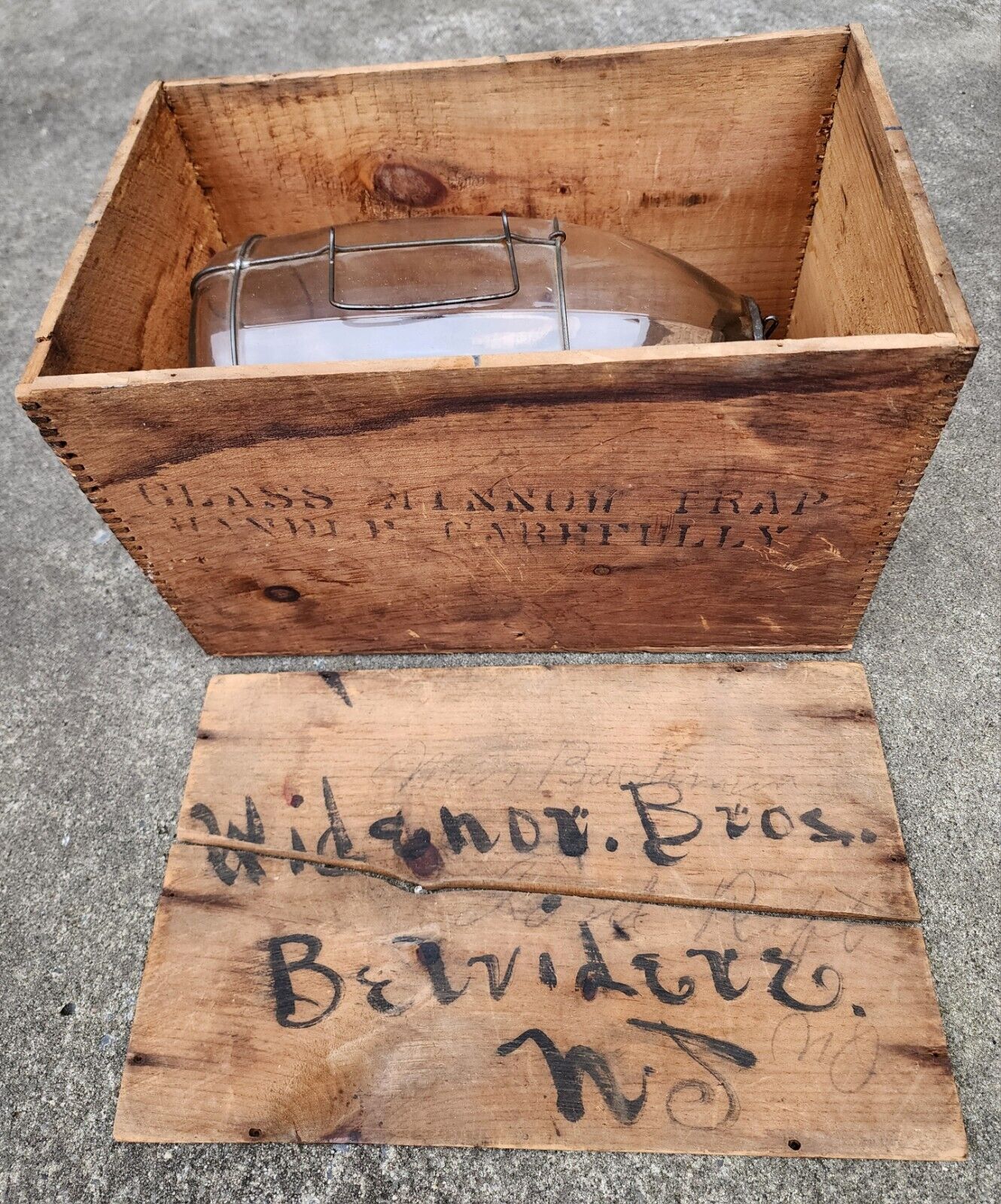 Rare find Antique Primitive Glass Minnow Trap with Original Wooden Shipping Box