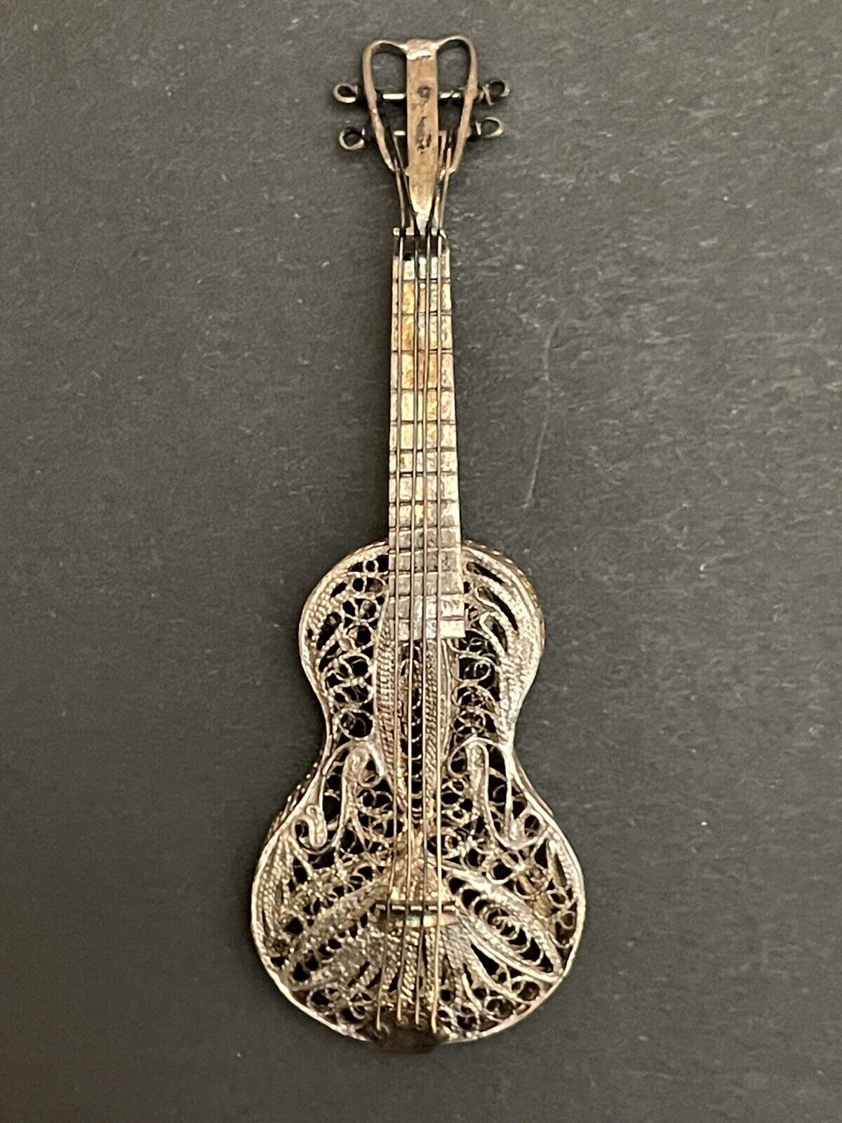 Vintage Art Deco Silver Filigree ~ Miniature Bass Guitar & Stand ~ Very Detailed