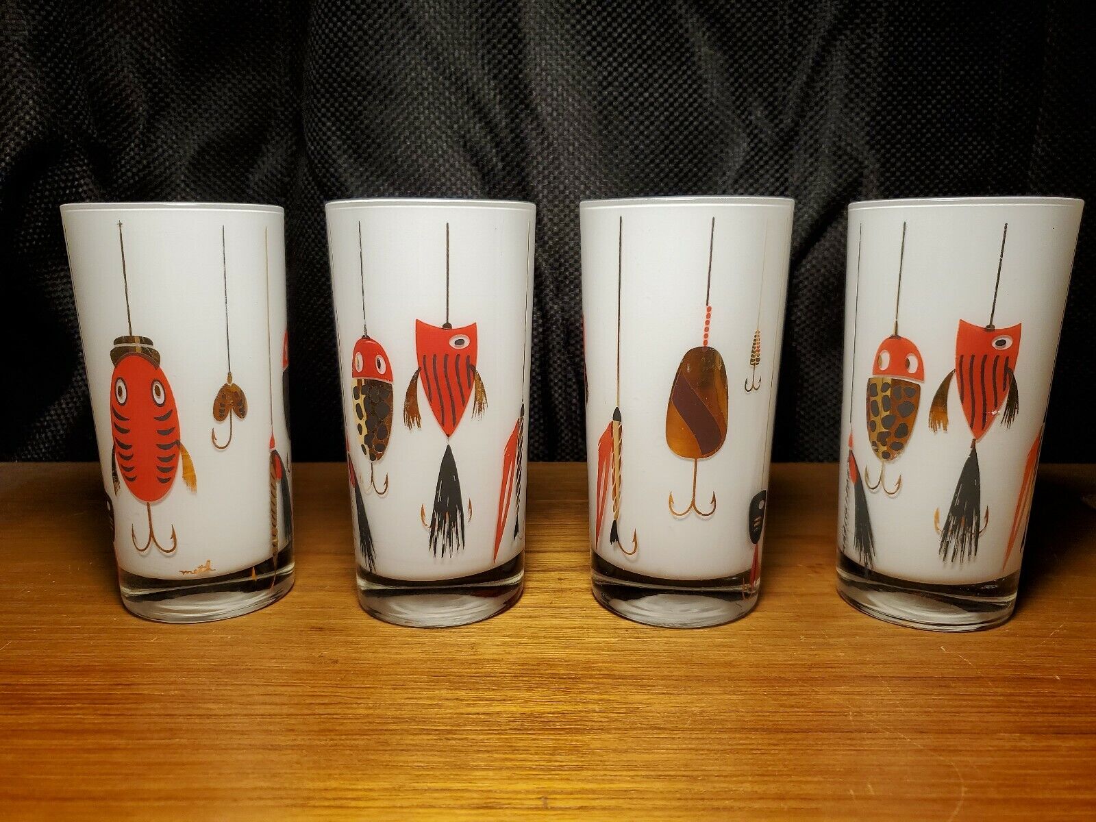 4 MCM Painted Fishing Lure Drinking Glasses Fish Glass Eye BY METH