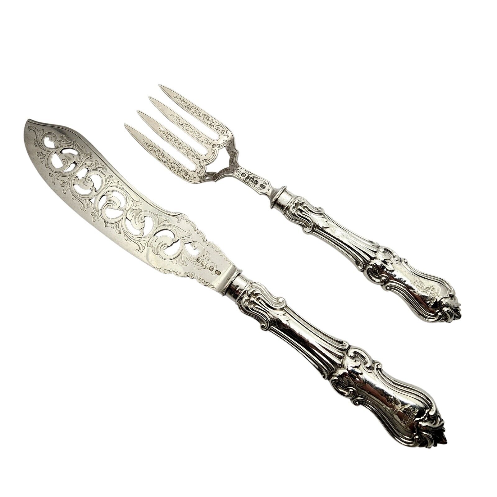 Antique John Gilbert England Sterling Silver Fish Fork/Knife Serving Set #14161