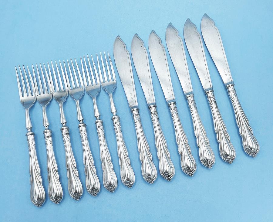 ANTIQUE FISH CUTLERY SILVER PLATED LILY PATTERN JAMES DIXON c1885