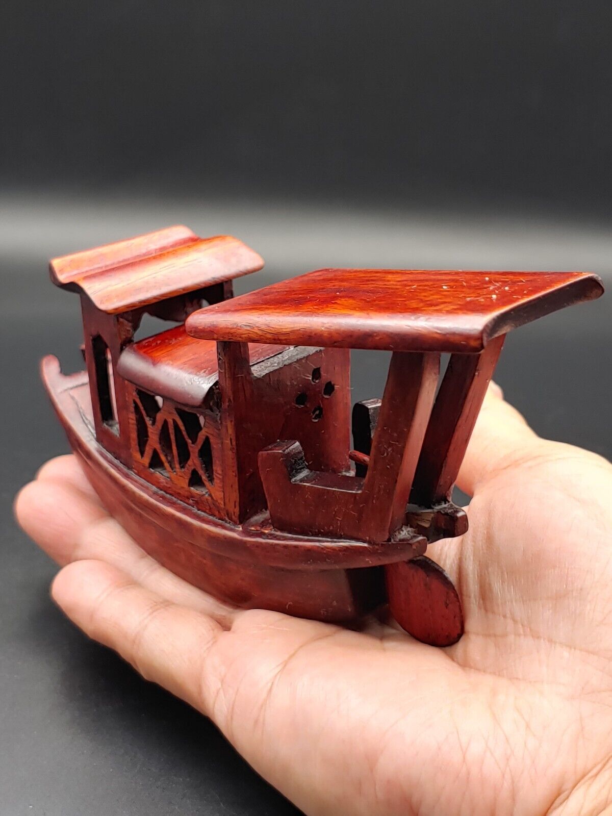 红木文房 寿山青田石印章船呈 Vintage Chinese Rosewood Boat Figurine Statue Seal Art Stand Case