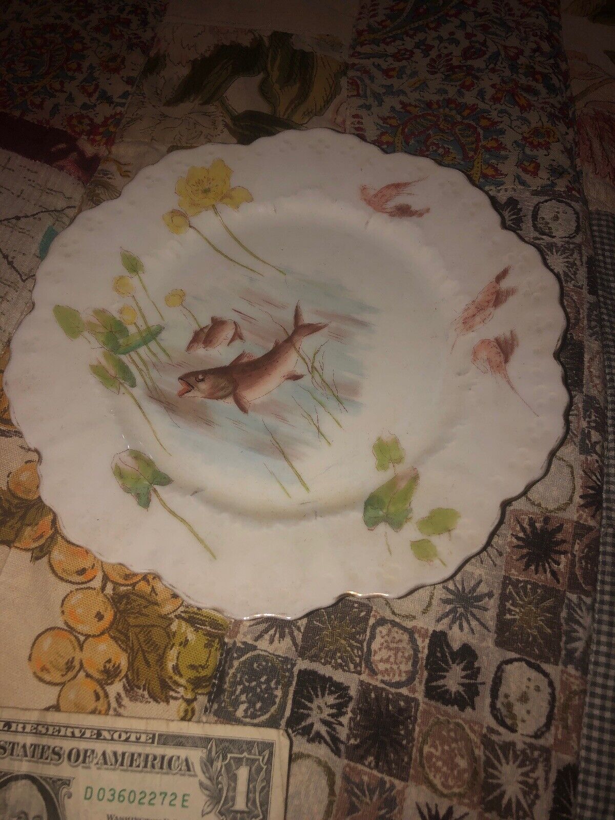 ANTIQUE  FISH PLATTER  OLD CHINA PLATE  VINTAGE PIKE Trout  Hunting Pond