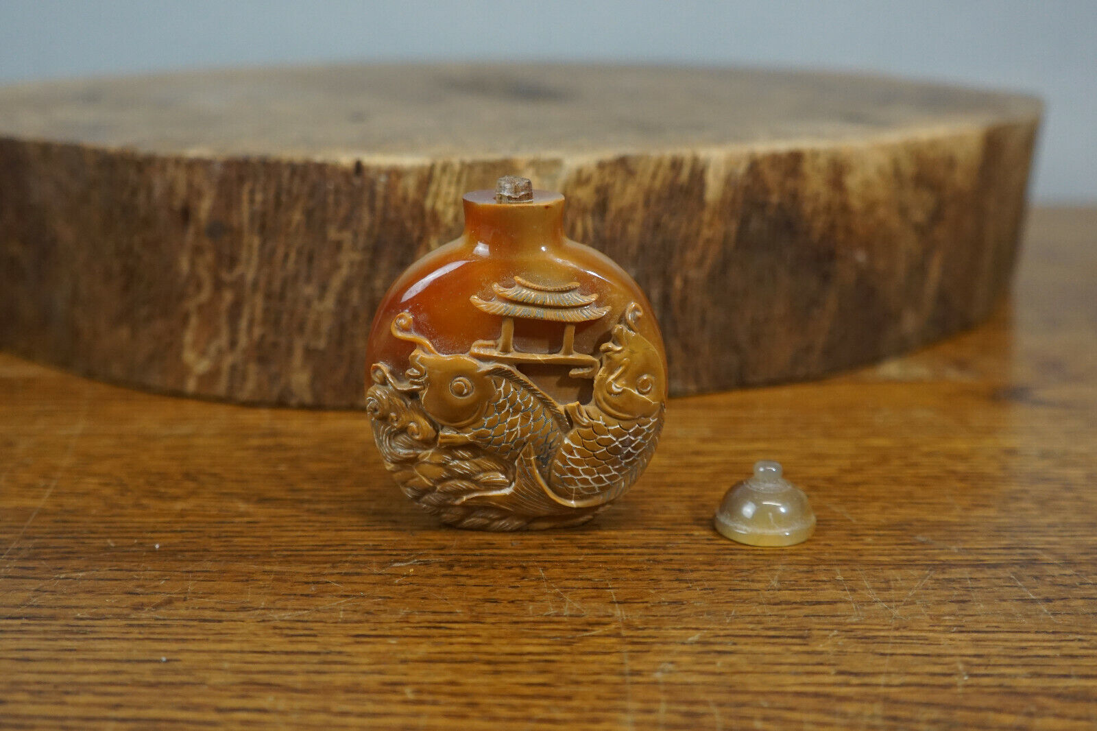 Vintage Chinese Carved Brown Stone Koi Fish Form Snuff Bottle 2 7/8\
