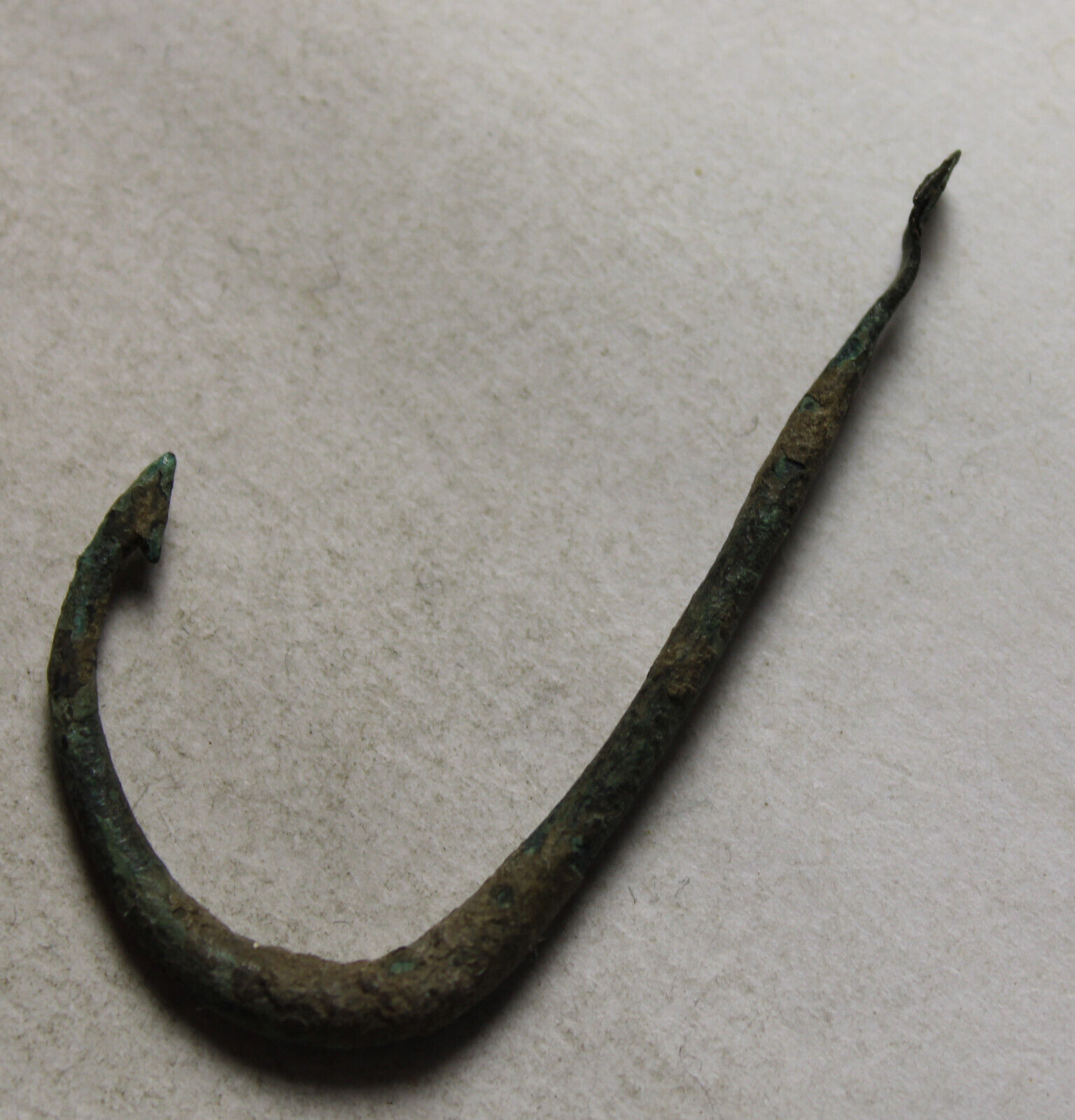 Rare Original ancient Roman bronze fishing hook barbed artifact intact patina 2c