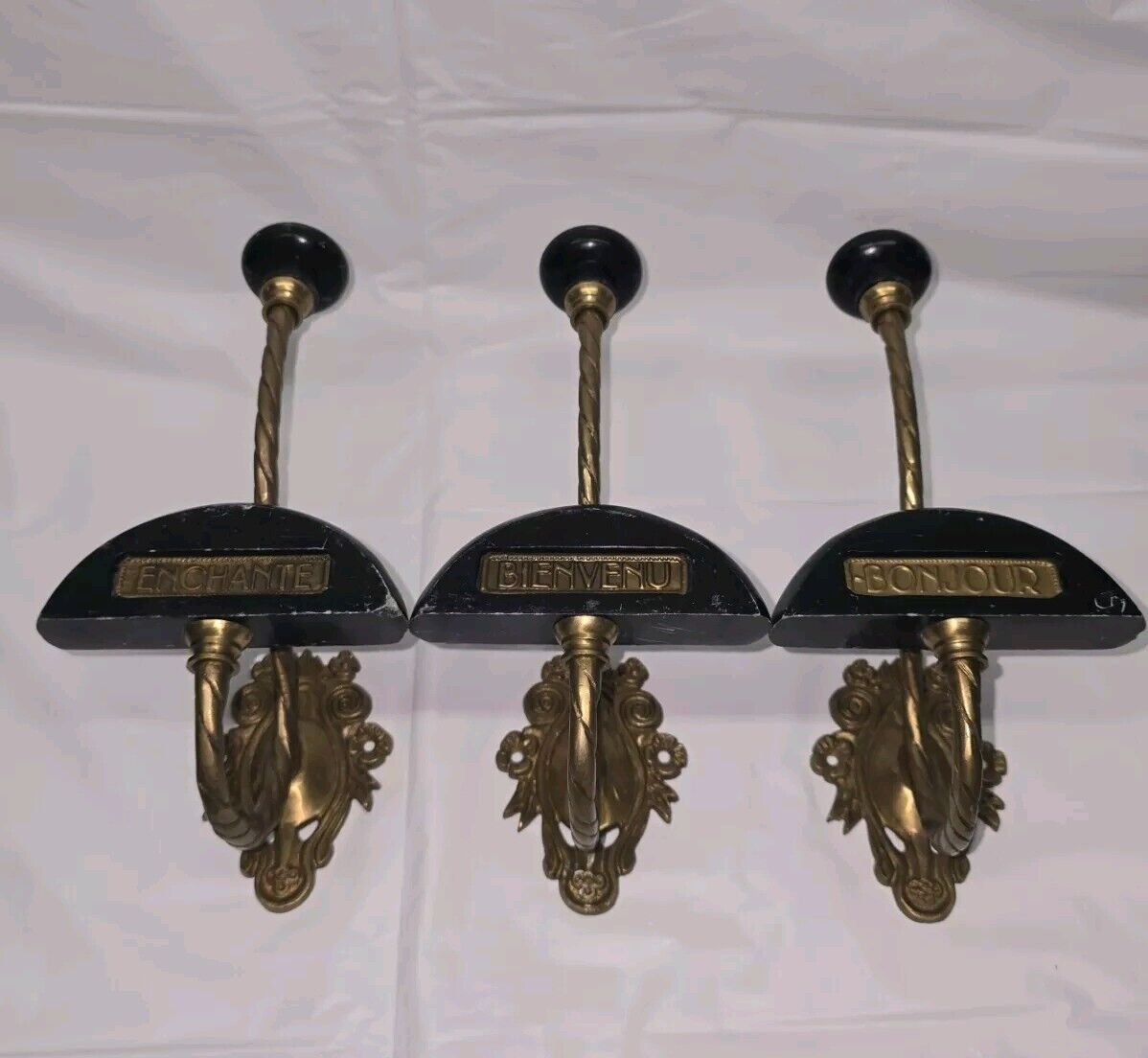 Antique French Brass And Slate Coat & Hat Hook Rare Large Tavern Style Set Of 3 