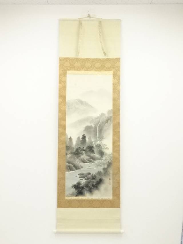 [Japanese Kakejiku] Calligraphy And Painting, Mountain Stream Scenery, Hand-Draw