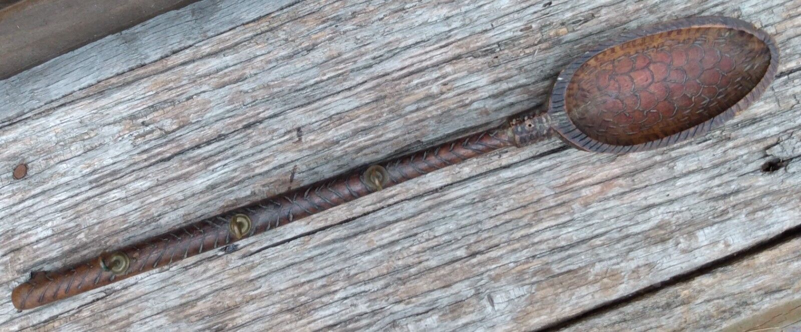Antique Tramp Art Folk Carved Wood Primitive Long Handle Wooden Spoon Hook
