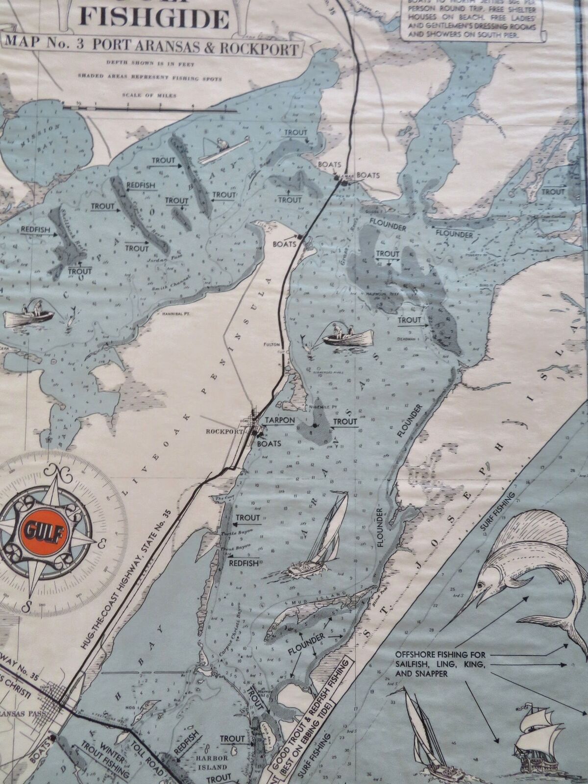Port Aransas & Rockport Texas Gulf of Mexico 1940's U.S. cartoon fishing map