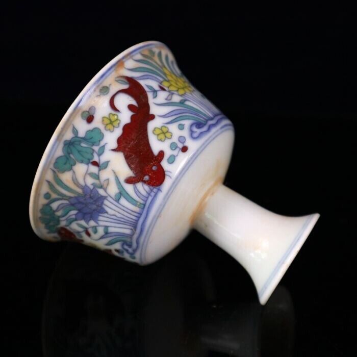 8.3 CM rare China wu cai porcelain cup Lotus fish Tall feet Wine glass