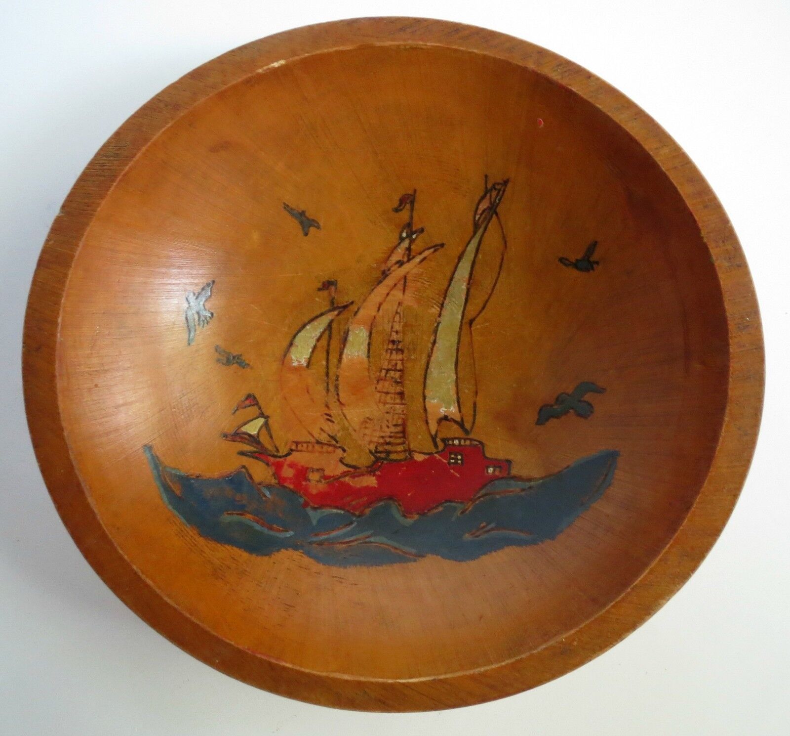 Vintage Wooden Hand Painted Bowl with Scene of Red Boat Ship Sea Sails Fishing