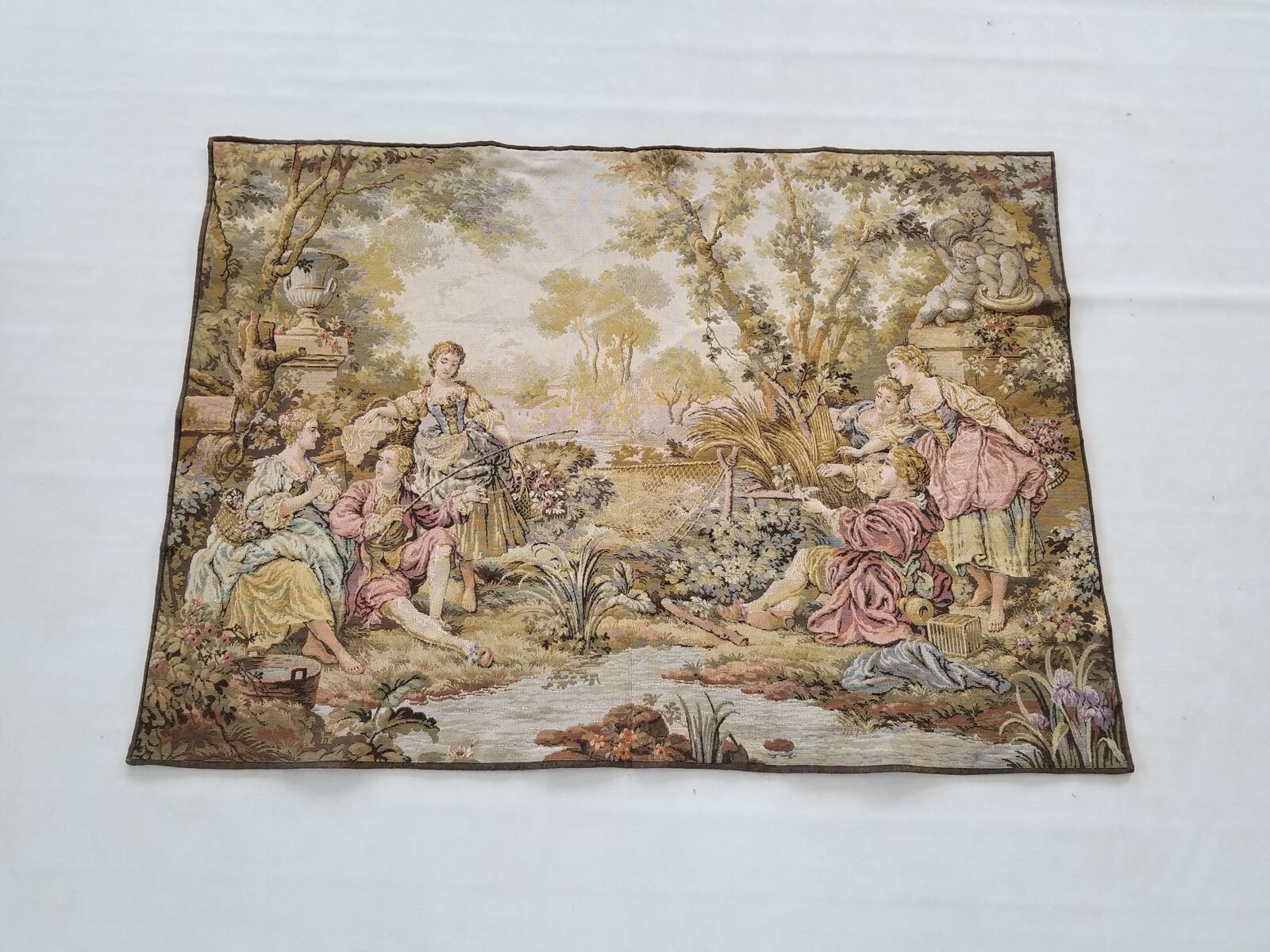 Vintage French Fishing Scene Wall Hanging Tapestry 103x96cm