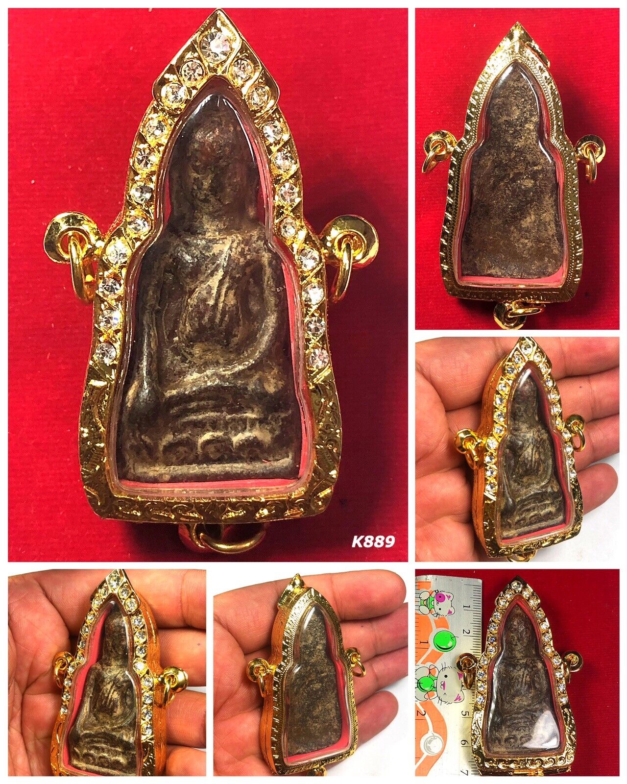 Amulet Buddha Protect Charm Phra Thai Ayutthaya 3 Hook Gold Casing Gem Old K889