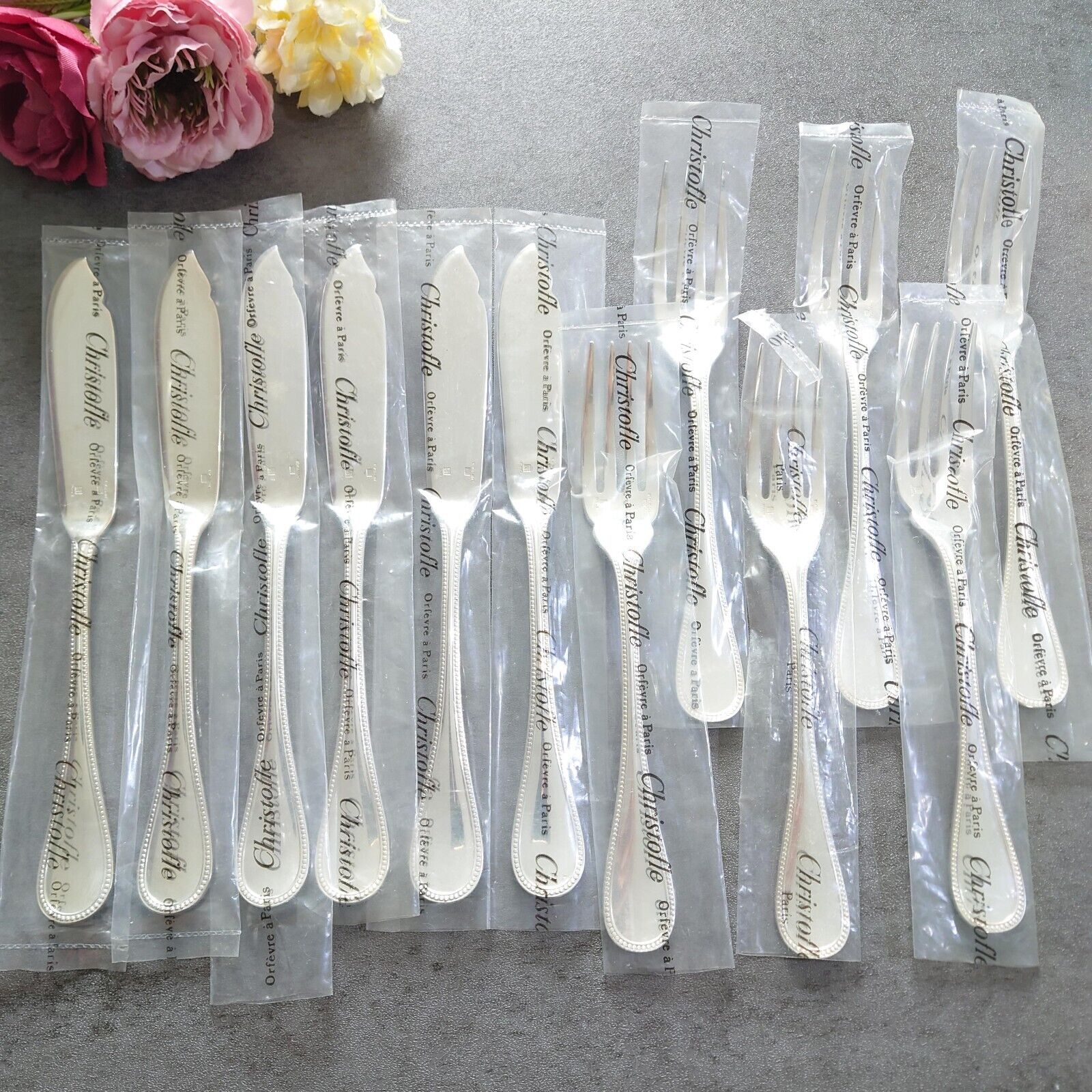 Christofle Perles 12pcs Silverplate Flatware Fish Knife Fish Fork Excellent