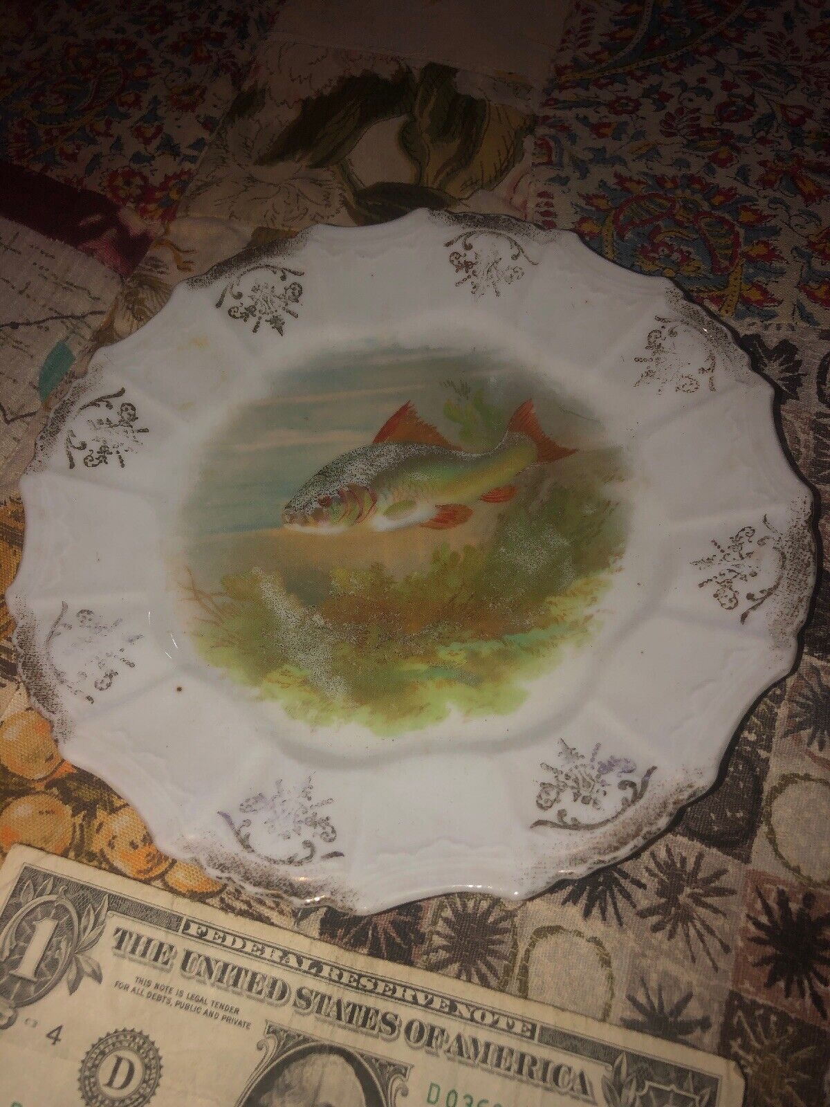 ANTIQUE  FISH PLATTER  OLD CHINA PLATE  VINTAGE PIKE Trout  Hunting Pond Peach