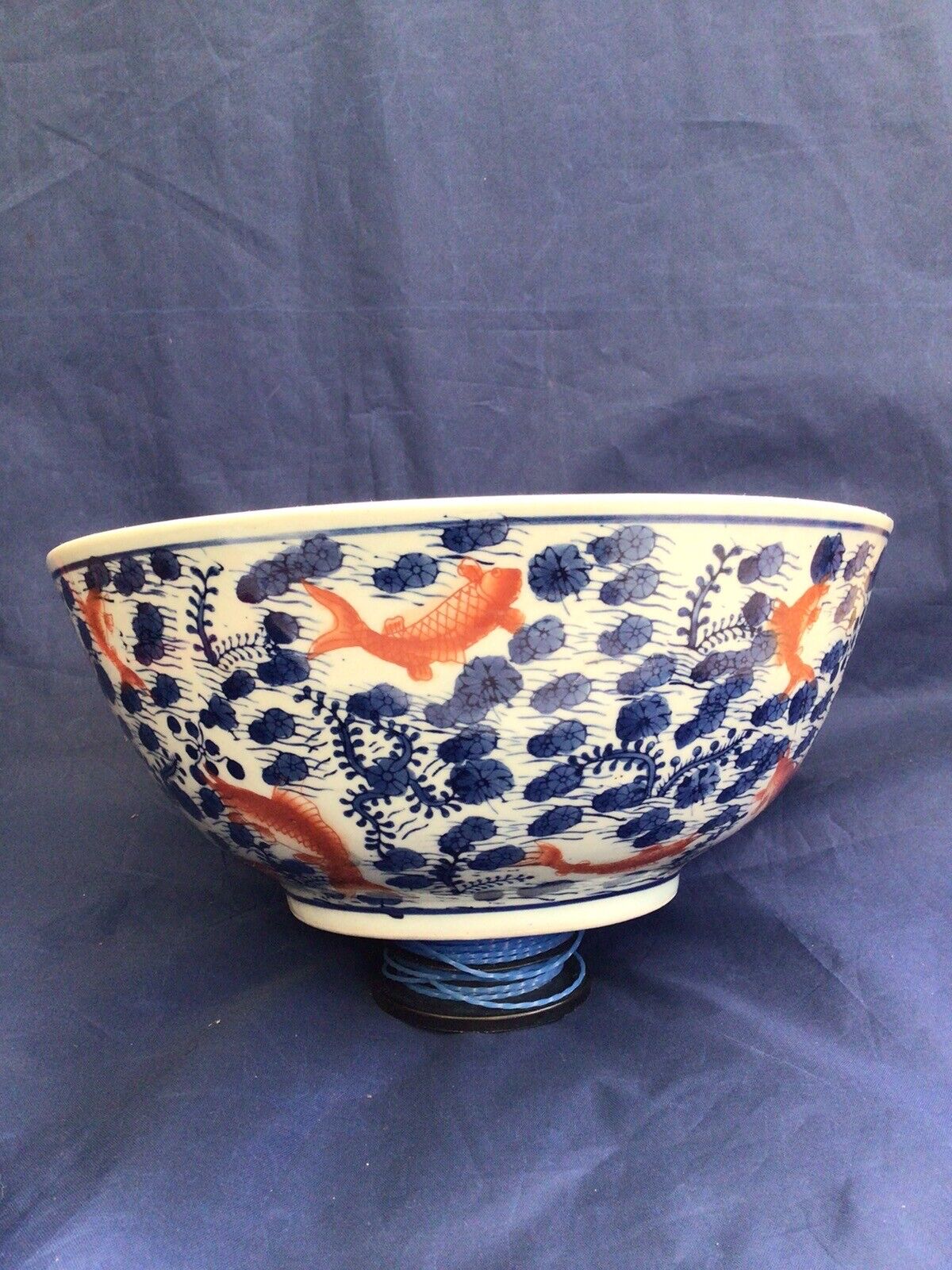 Chinese Bowl Imari style Fish in Waterweed. 1980’s + 26cm by 10cm tall