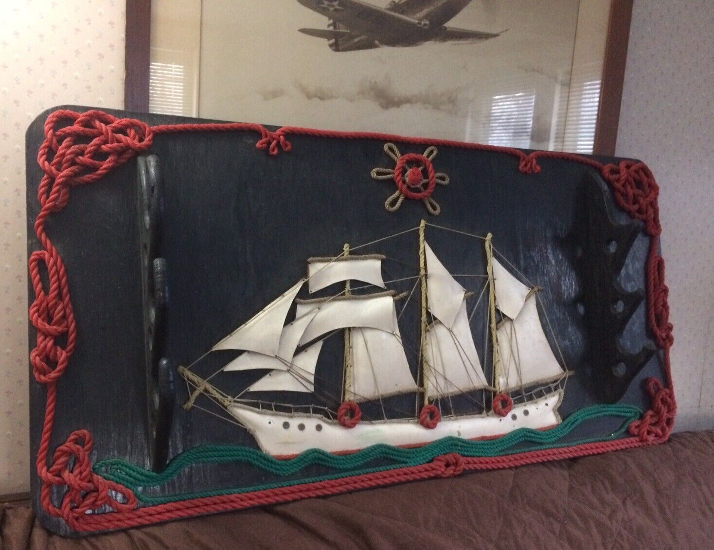 RARE Old Nautical Model ship Folk Art Fishing Pole Rack 48” x 23” Shipping Ok