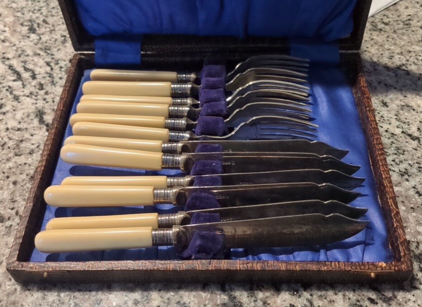 Antique EPNS Fish Cutlery Silver Set Celluloid Handles Knife & Fork 12 pcs. VTG