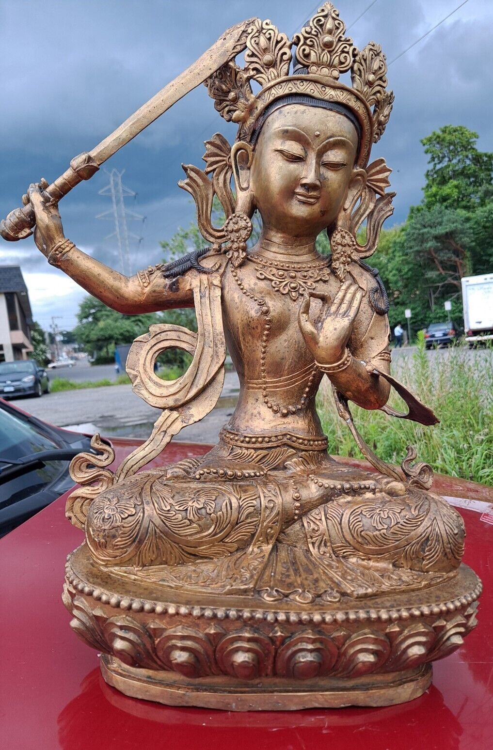 Antique Bronze Tibetan Buddhist Deity  Bras Gilt Painted  Sword Manjushri Statue
