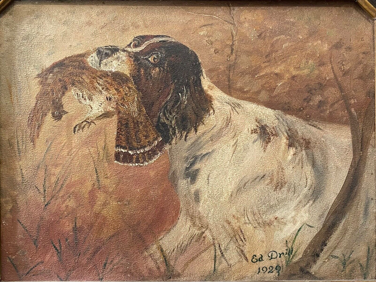 🔥 Antique Old Americana Folk Art Pheasant Hunting Dog Oil Painting, Signed 1929