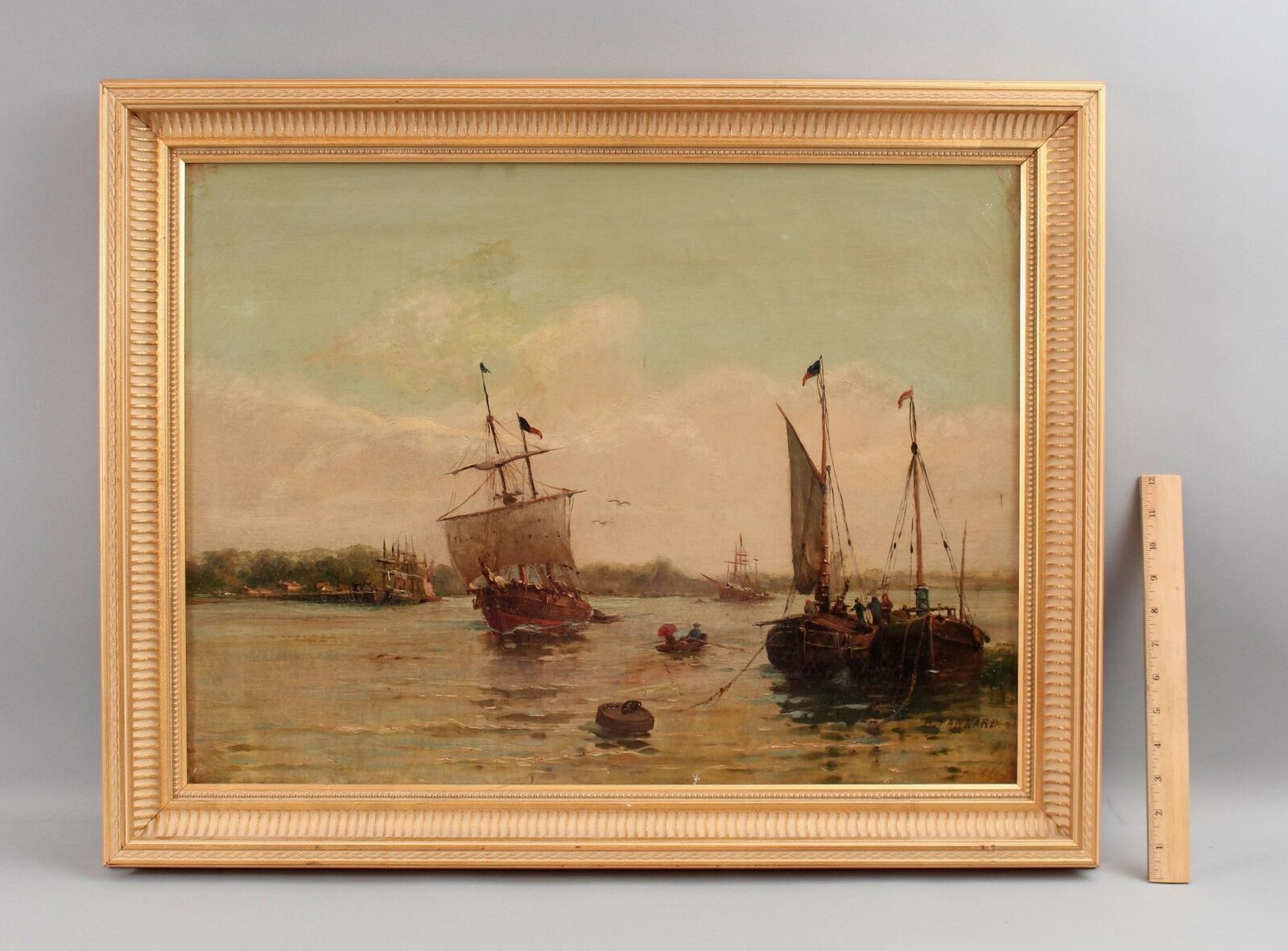 19thC Antique Signed European Fishing Boat Harbor Maritime Seascape Oil Painting