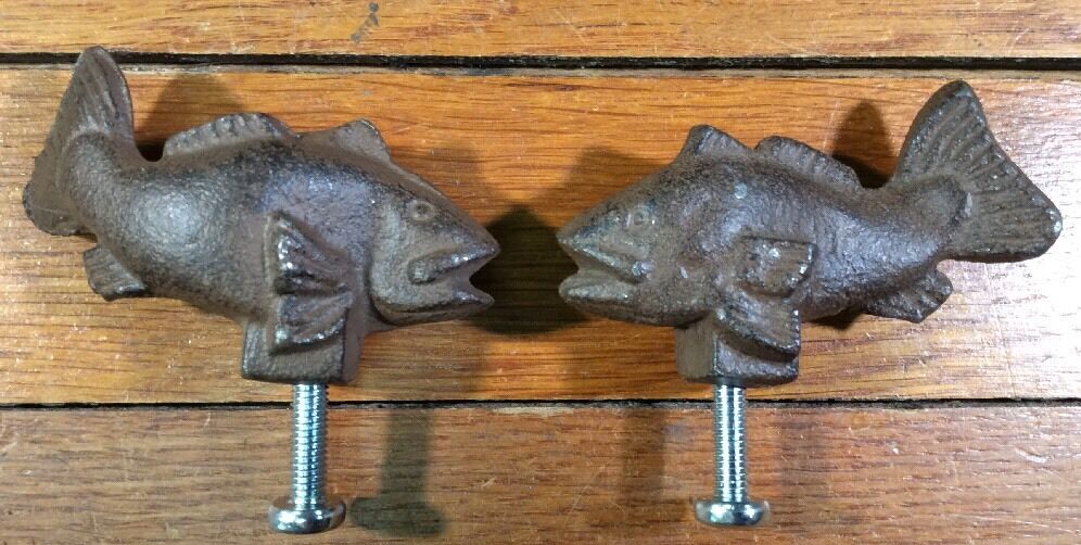 2 FISH Handle Knob Pull Door Drawer Fishing Cast Iron Antique Style RUSTIC