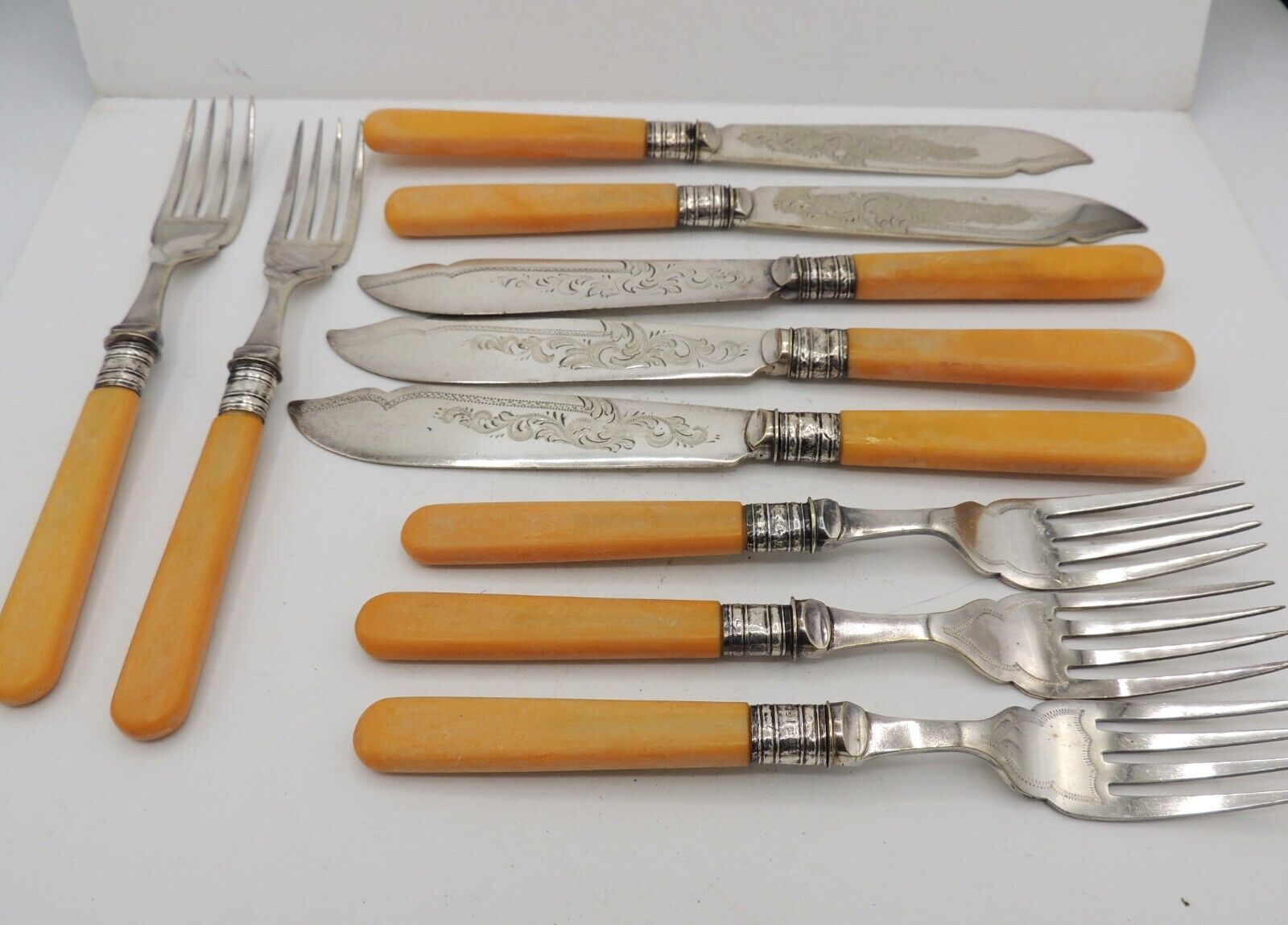 JH Potter Fish Knives Forks Ornate Blades Sterling Bands Sheffield England 1906