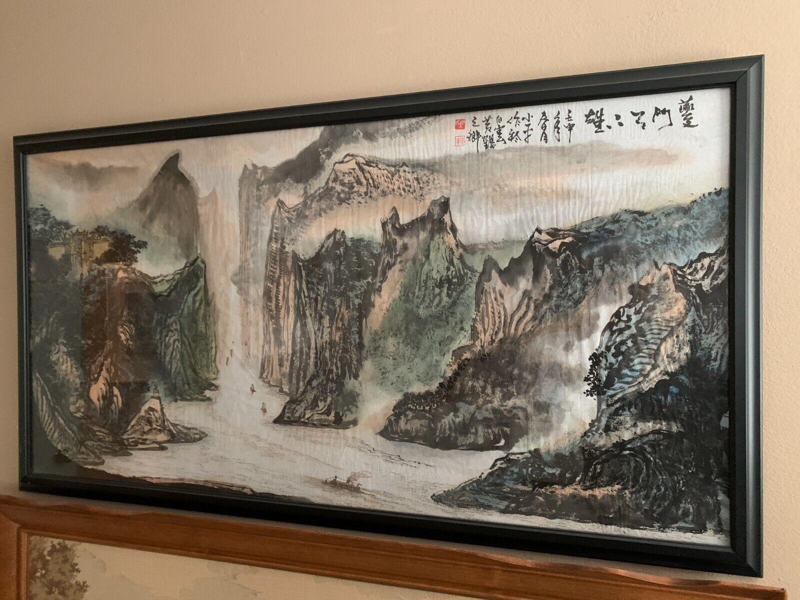 Original hand painted Chinese watercolor Mountain scape river boat by 吳小平