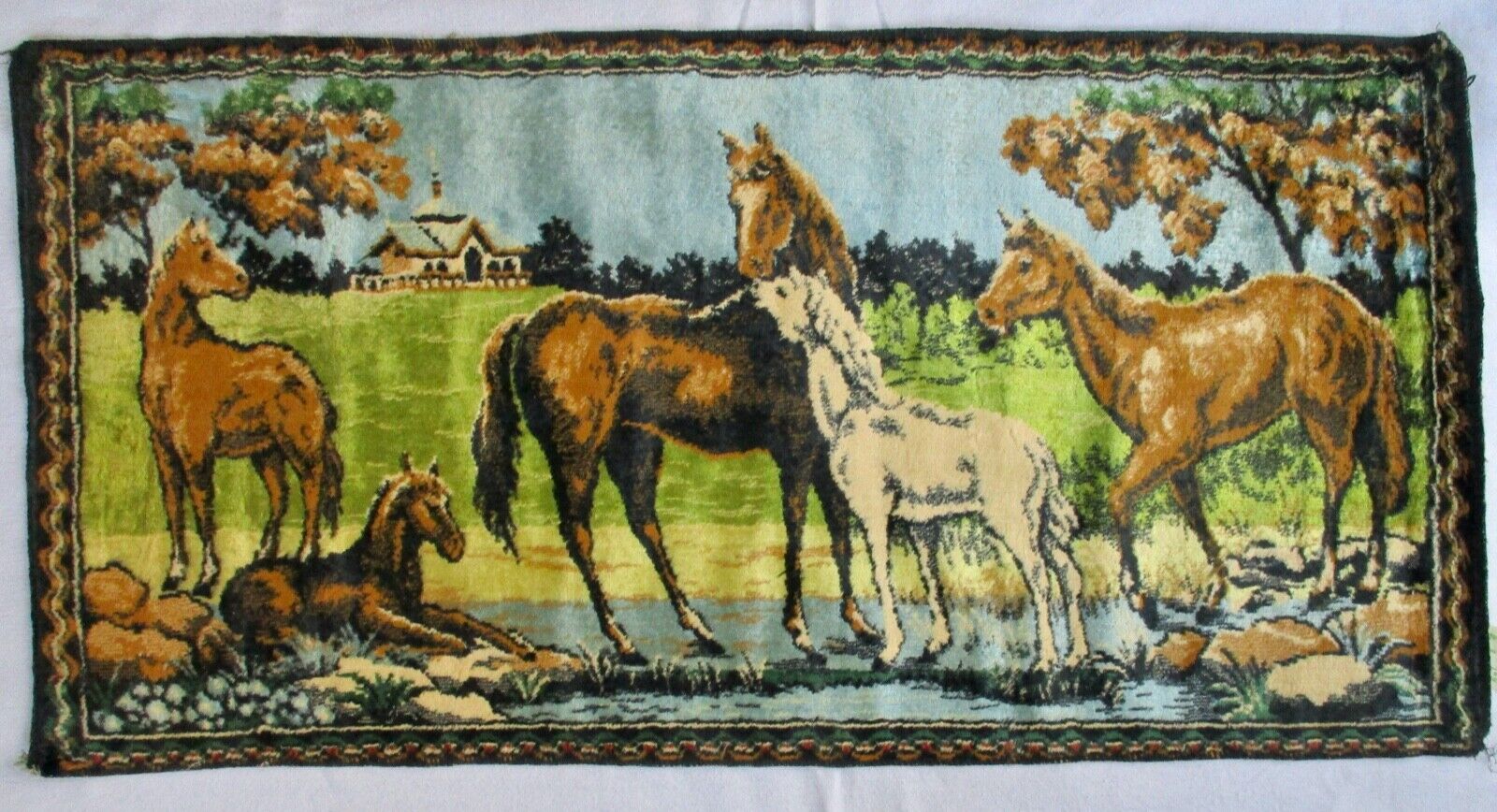 VNTG Velvet Tapestry Horses w/Colts at a Spring Stream 19x38\