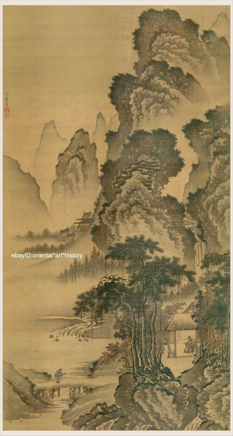 Chinese painting scroll Sansui Landscape Life interest amid mountains & streams