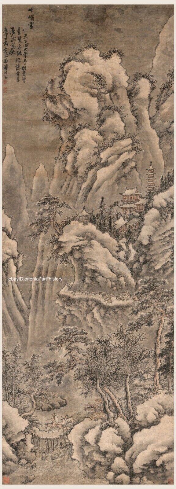 Chinese old painting scroll Landscape Sansui Travellers amid mountains & streams