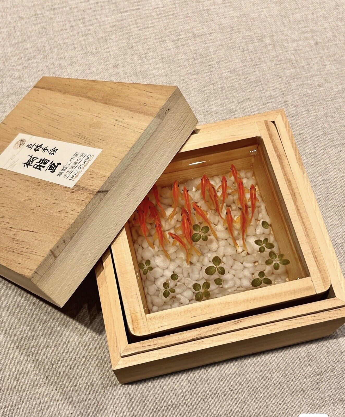 Hand Painting Resin Fish Art, little Koi in a box. 3D Resin Art.