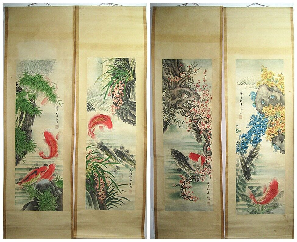 Old Chinese Four Scroll Painting About Fish Signed Shen Zhou 沈周  四条屏