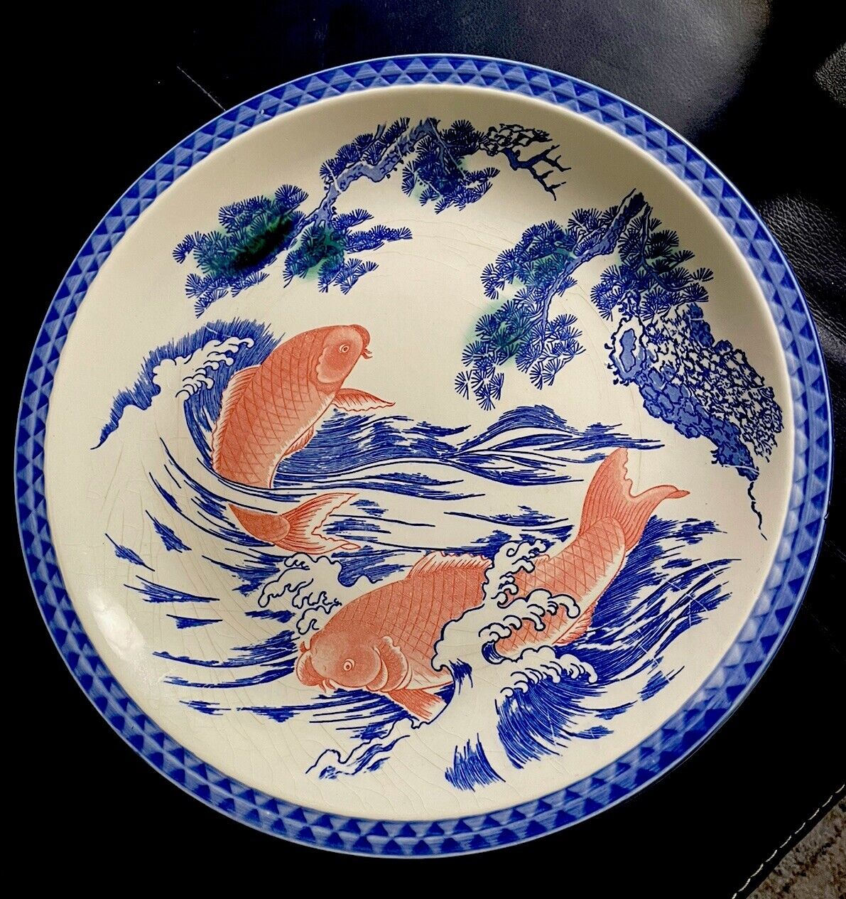 Vintage Japanese Blue & White koi fish 14.5” porcelain charger plate Unmarked