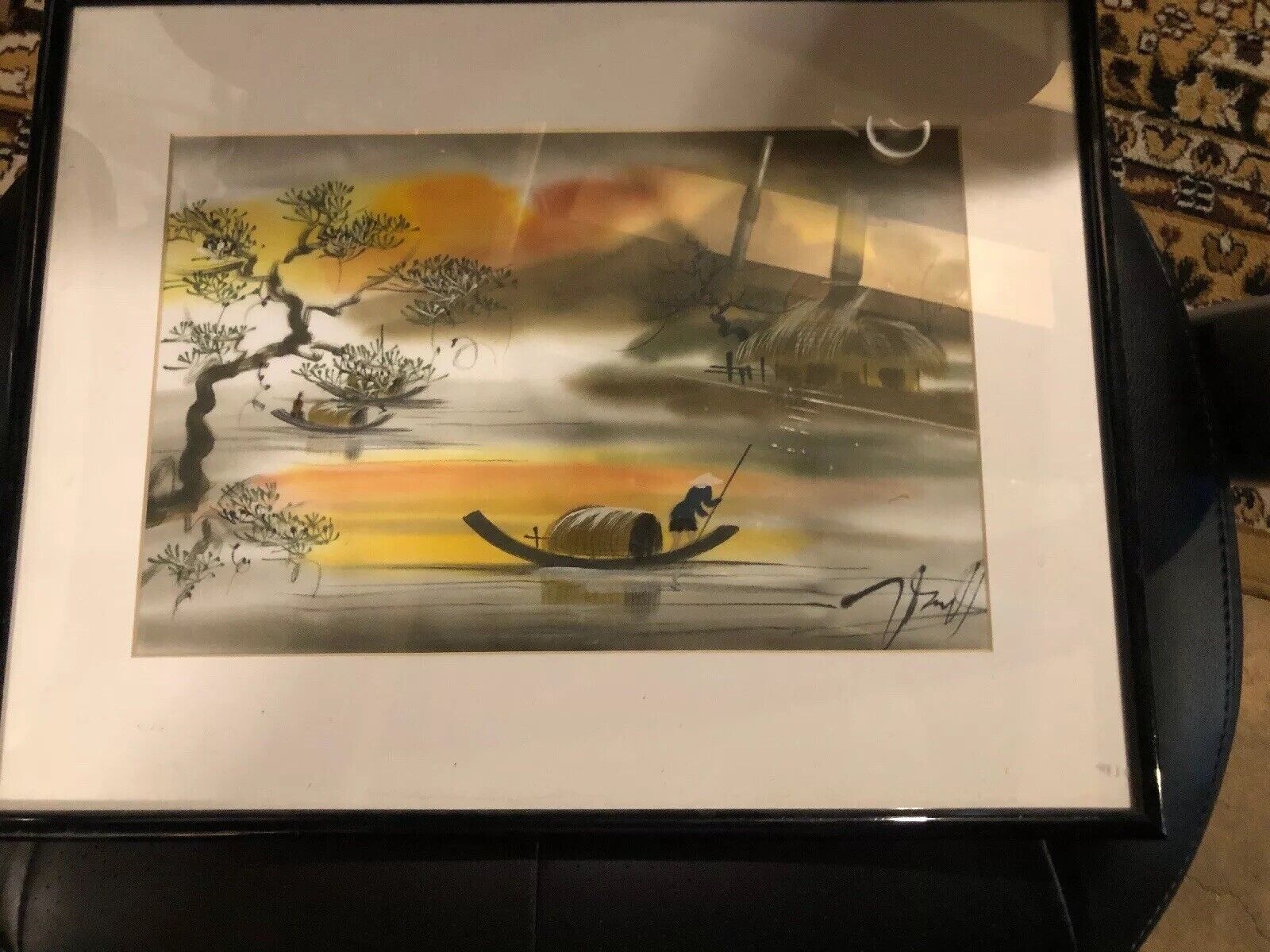 Vintage Chinese Watercolor painting Fishing Signed By Artist