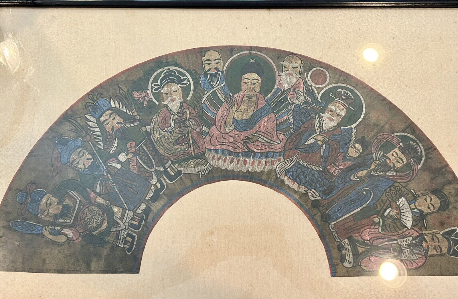Antique Asian Buddah w Disciples framed Matted art Bronze Hook Silk(?)
