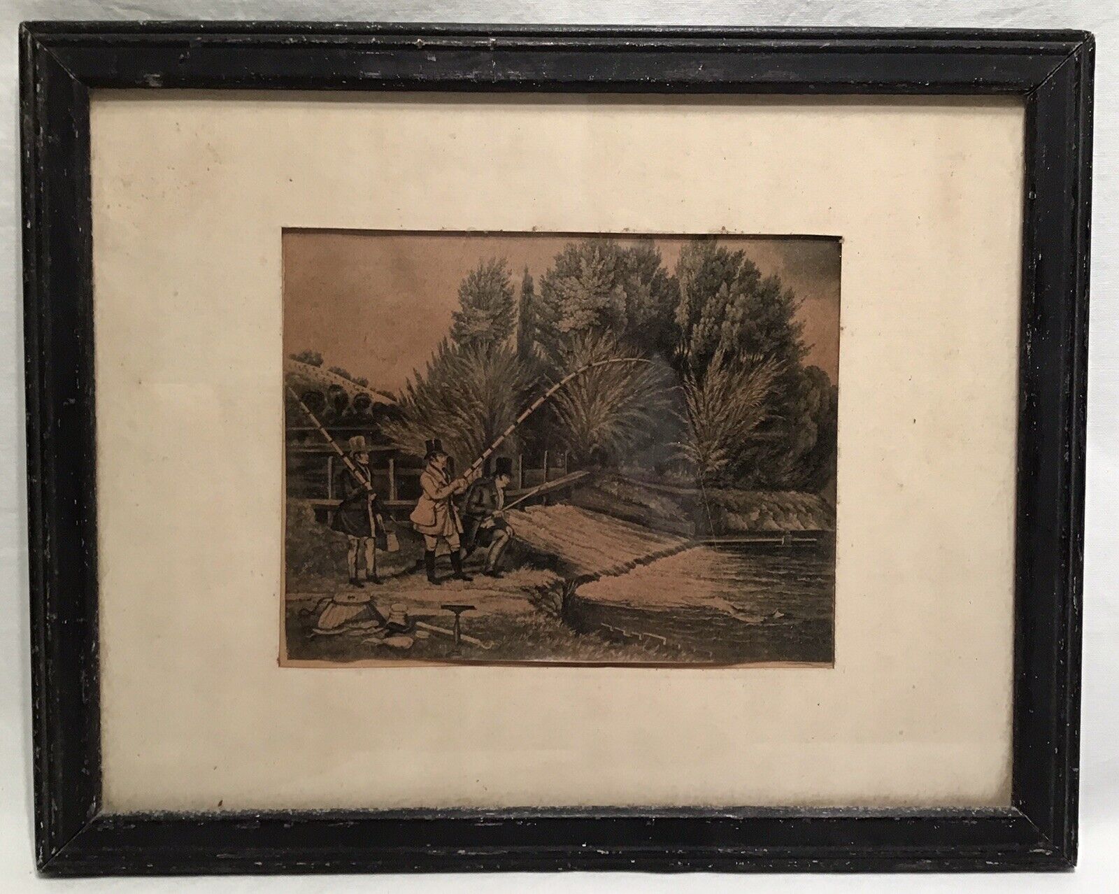 Antique Wood-framed Illustration of Gentlemen Fishing Bamboo Rods Circa 1860