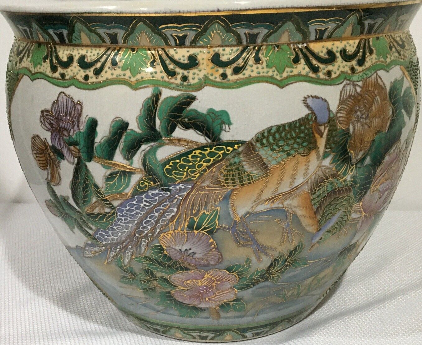 Chinese LG Porcelain Gold Koi Fish Pheasant Bowl Planter Pot Vase Huge 14.25” WI