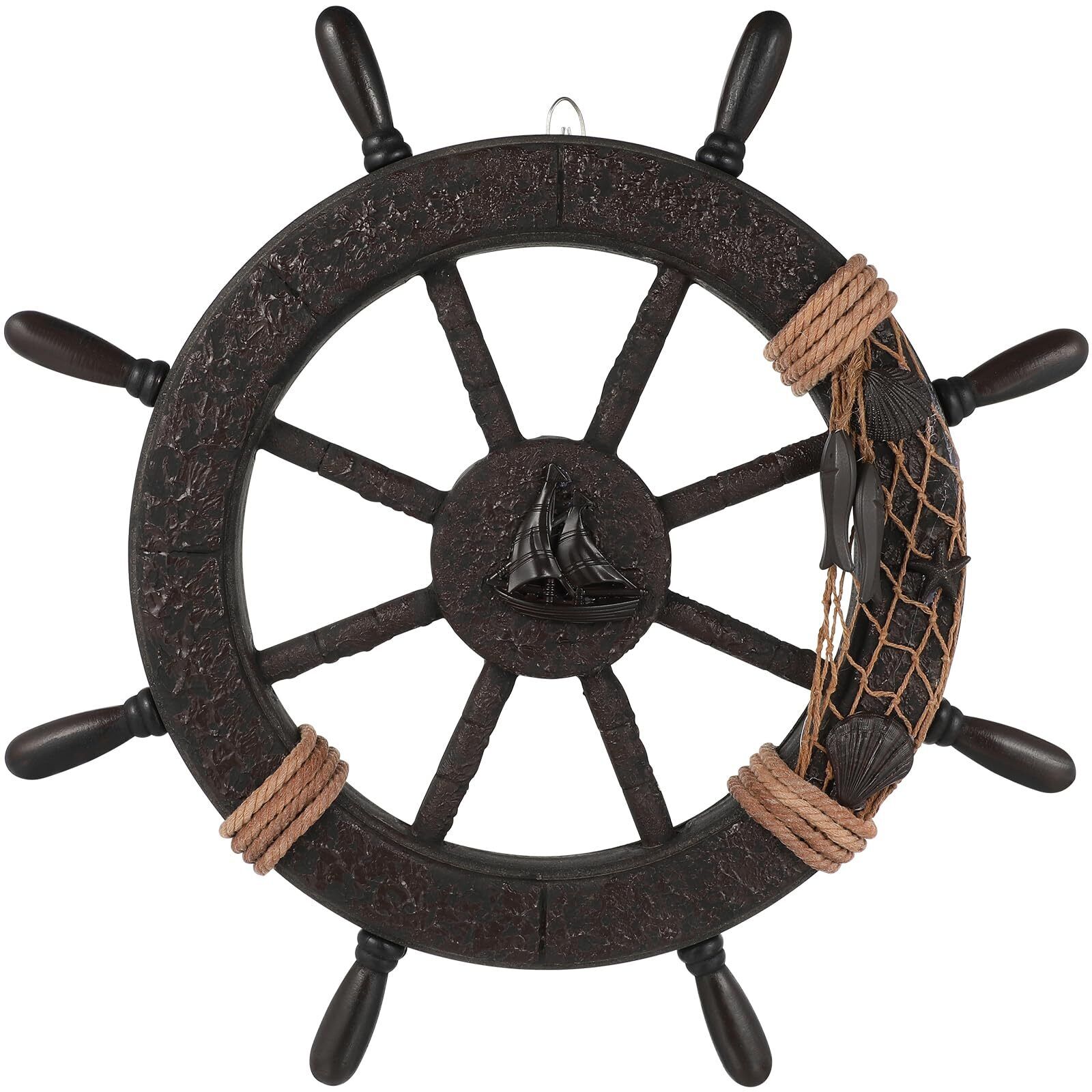Nautical Wheel Decor Rustic Boat Ship Steering Wheel Fishing Net Wall Sculptu...