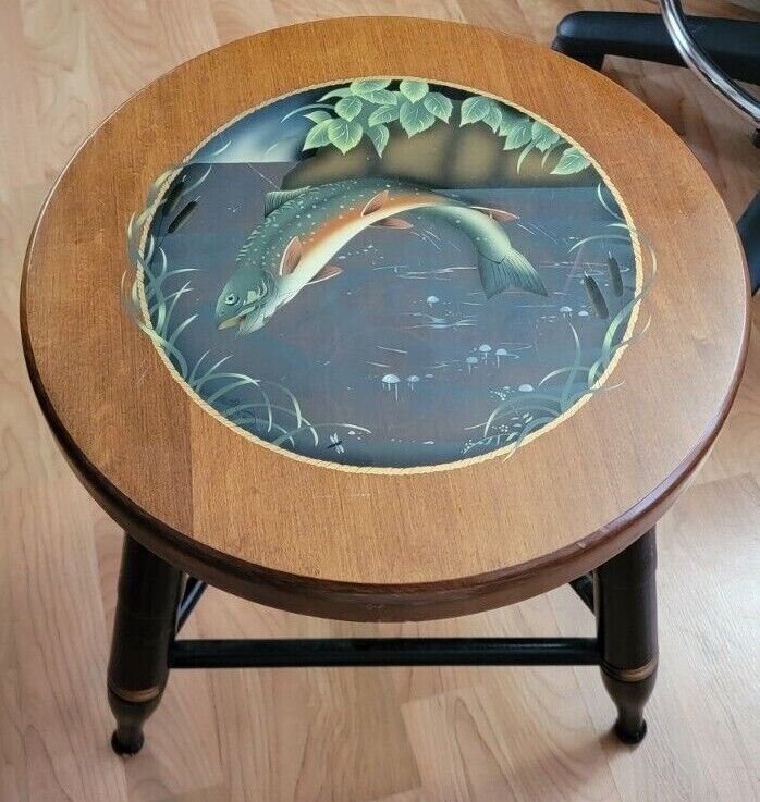 VINTAGE L Hitchock Round Stool with Painted Rainbow Trout Stencil Seat Chair