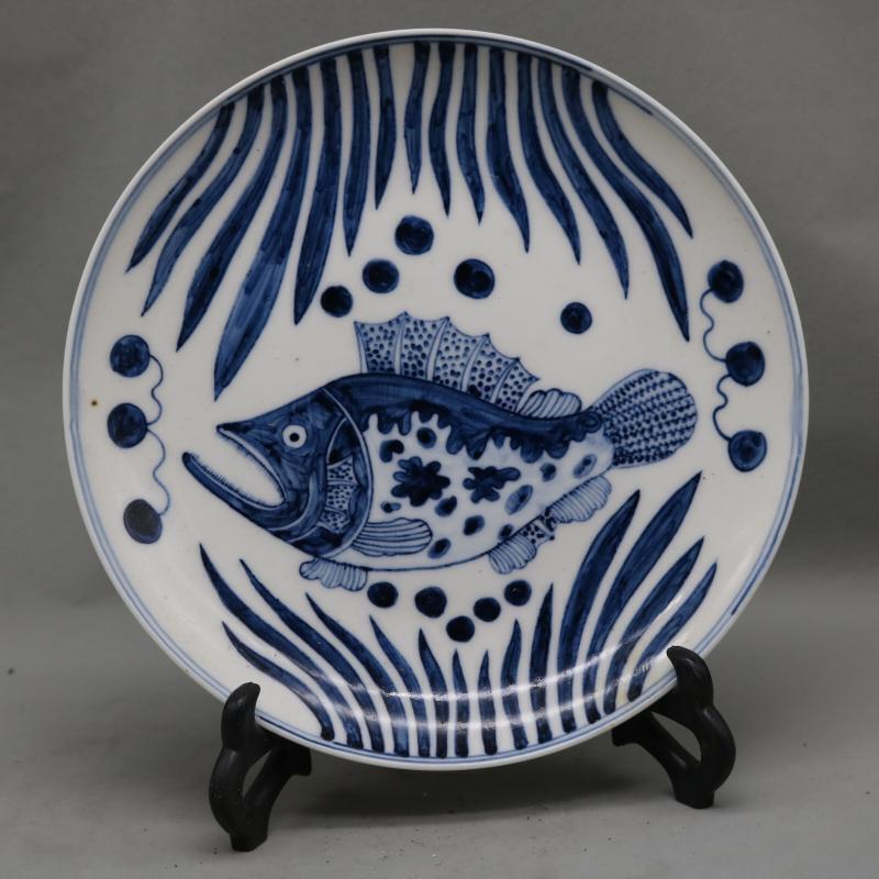 Chinese Blue and White Porcelain Qing Guangxu Fish Pattern Plate 8.66 inch