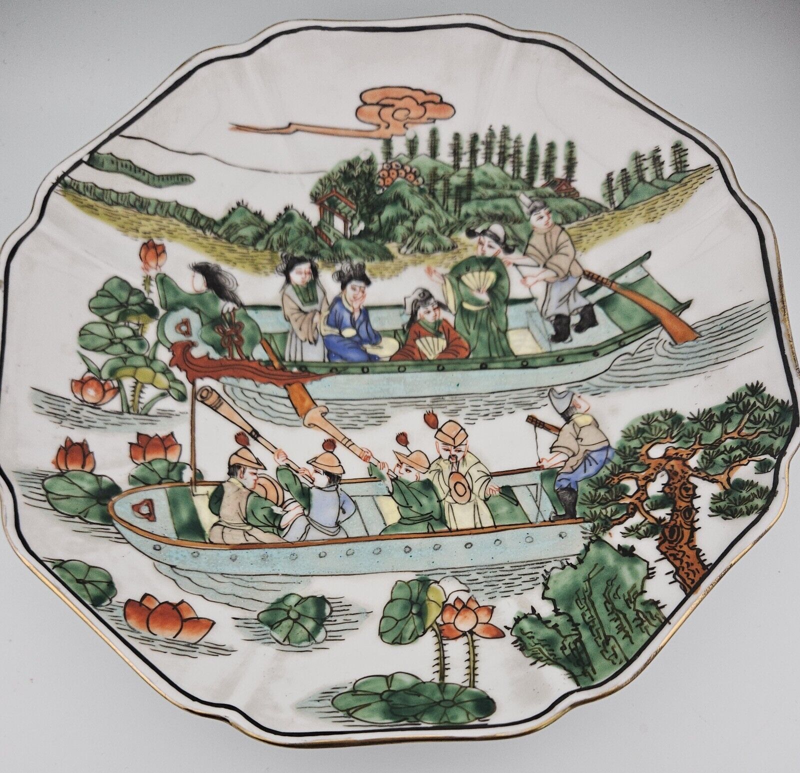 Ceramic- Vintage Chinese Famille Plate-Chinese Men and Boats